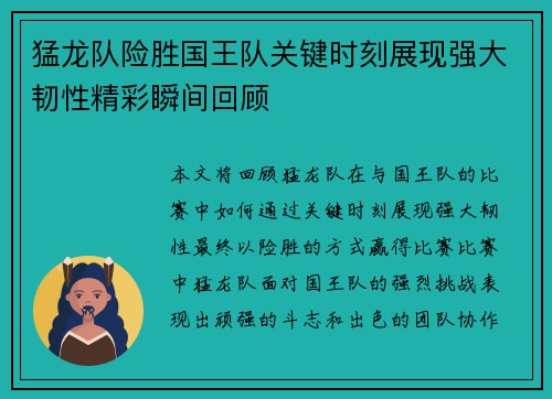 猛龙队险胜国王队关键时刻展现强大韧性精彩瞬间回顾 猛龙队险胜国王队关键时刻展现强大韧性精彩瞬间回顾