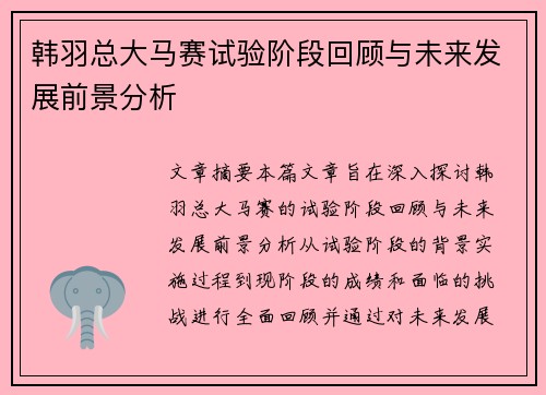 韩羽总大马赛试验阶段回顾与未来发展前景分析