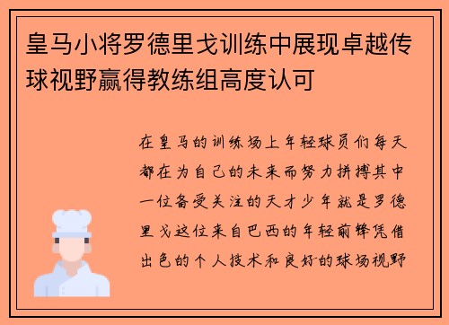 皇马小将罗德里戈训练中展现卓越传球视野赢得教练组高度认可