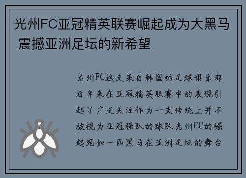 光州FC亚冠精英联赛崛起成为大黑马 震撼亚洲足坛的新希望