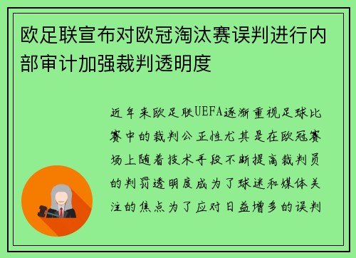 欧足联宣布对欧冠淘汰赛误判进行内部审计加强裁判透明度 欧足联宣布对欧冠淘汰赛误判进行内部审计加强裁判透明度