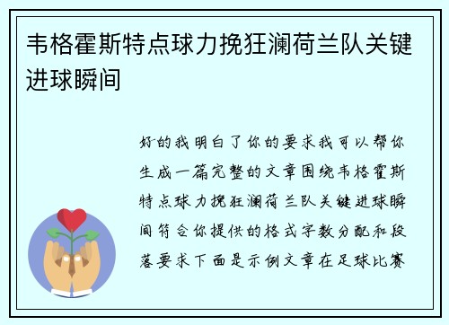 韦格霍斯特点球力挽狂澜荷兰队关键进球瞬间 韦格霍斯特点球力挽狂澜荷兰队关键进球瞬间