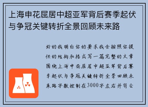 上海申花屈居中超亚军背后赛季起伏与争冠关键转折全景回顾未来路 上海申花屈居中超亚军背后赛季起伏与争冠关键转折全景回顾未来路